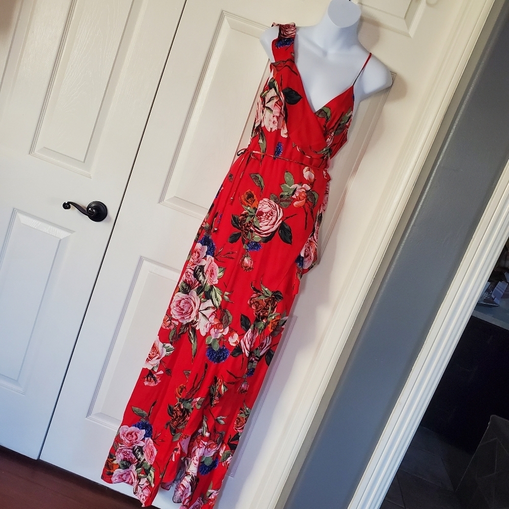AFRM Bowen Red Floral Wrap‎ Maxi Dress Ruffled Sleeveless Size Medium